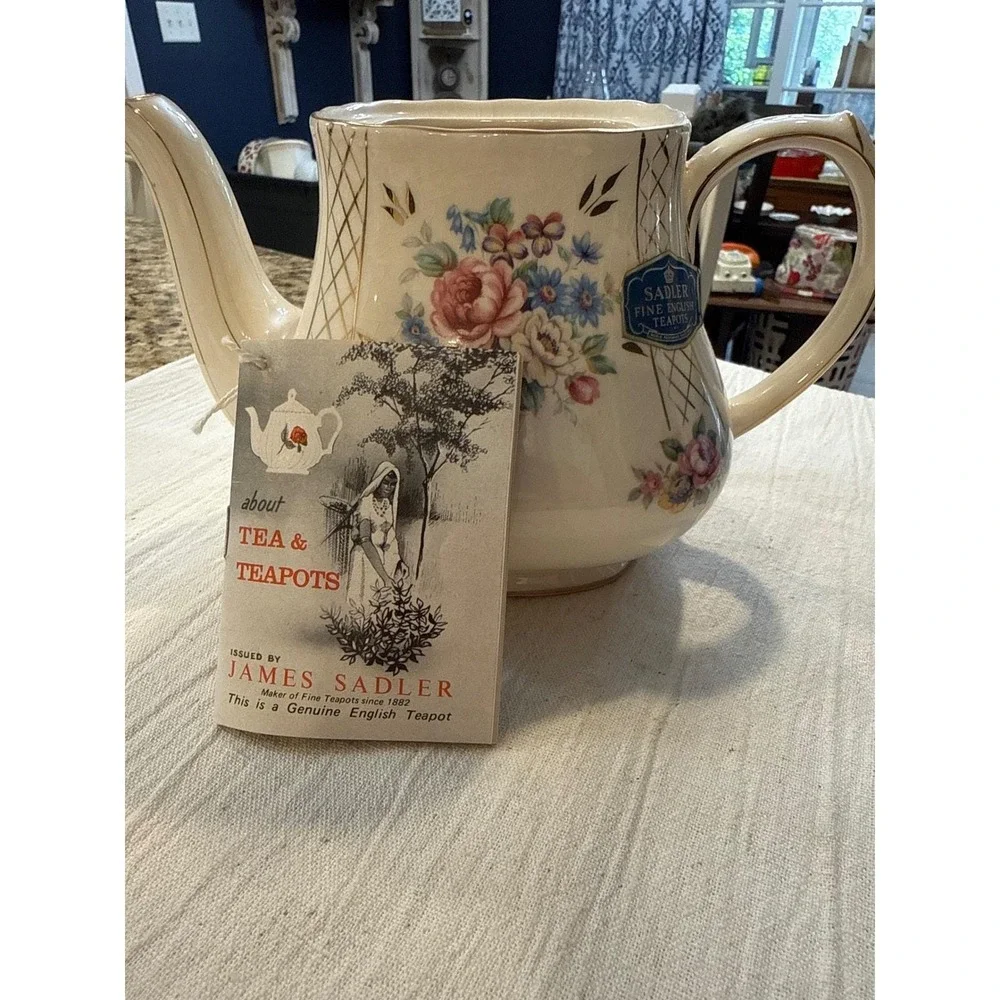 James Sadler Fine English Teapot Floral Gold Lattice Burslem England No Lid